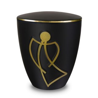 Urne Genesis Schwarz mit Engelapplikation mit Dekorring Gold 3mm