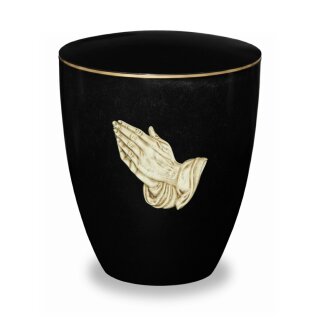 Urne Genesis mit Applikation Betende Hände auf Schwarz mit Dekorring Gold 3mm