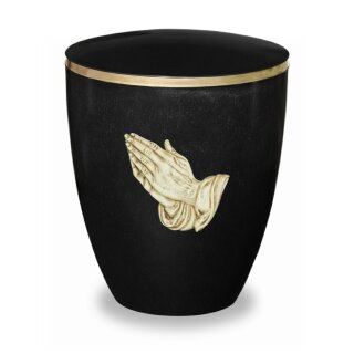 Urne Genesis mit Applikation Betende Hände auf Schwarz mit Dekorring Gold 9mm