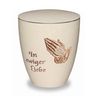 Urne Genesis Cremeweiß mit Applikation Betende Hände und Gravur Text mit Dekorring Silber 3mm
