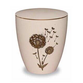 Urne Genesis Gravur Pusteblume Cremeweiß mit Dekorring Gold 3mm