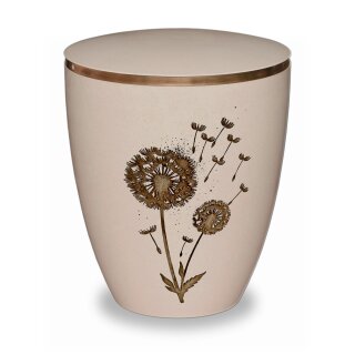 Urne Genesis Gravur Pusteblume Cremeweiß mit Dekorring Gold 9mm