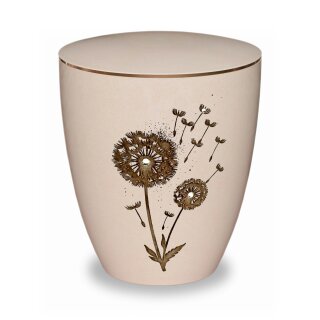 Urne Genesis Gravur Pusteblume Cremeweiß Strassstein mit Dekorring Gold 3mm