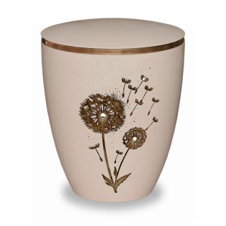 Urne Genesis Gravur Pusteblume Cremeweiß Strassstein mit Dekorring Gold 9mm