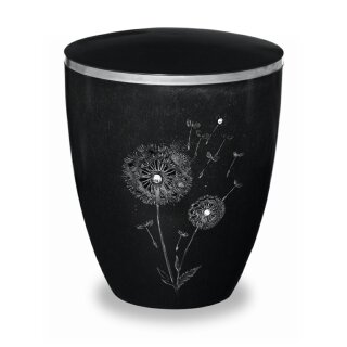 Urne Genesis Gravur "Silber" Pusteblume Schwarz Strassstein mit Dekorring Silber 9mm