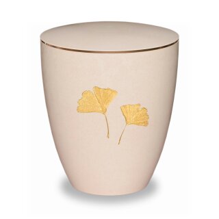 Urne Genesis Gravur Cremeweiß Ginkgoblatt Gold mit Dekorring Gold 3mm