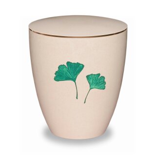 Urne Genesis Gravur Cremeweiß Ginkgoblatt Grün mit Dekorring Gold 3mm