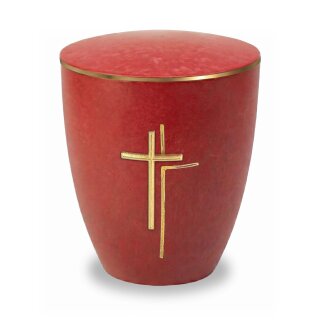 Urne Genesis Purpurrot mit Applikation Kreuz Gold und Gravur Gold mit Dekorring Gold 3mm