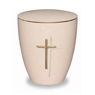 Urne Genesis Cremeweiß mit Applikation Kreuz Anthik mit Dekorring Gold 3mm
