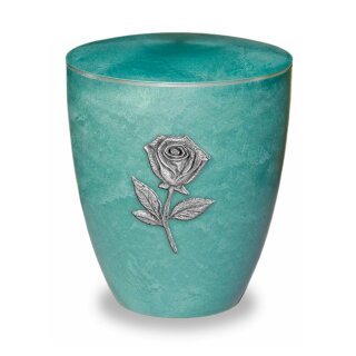 Urne Genesis Jade mit Applikation Rose Silber mit Dekorring Silber 3mm