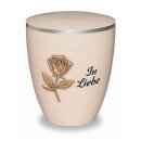 Urne Genesis Cremewei&szlig; mit Applikation Rose und Gravur "In Liebe" Gold mit Dekorring Gold 9mm