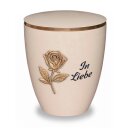 Urne Genesis Cremewei&szlig; mit Applikation Rose und Gravur "In Liebe" Gold mit Dekorring Silber 9mm