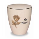 Urne Genesis Cremewei&szlig; mit Applikation Rose und Gravur "In Liebe" Gold mit Dekorring Silber 9mm