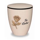 Urne Genesis Cremewei&szlig; mit Applikation Rose und Gravur "In Liebe" Gold mit Dekorring Silber 9mm