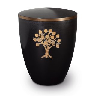 Urne Genesis Gravur Lebensbaum Schwarz mit Dekorring Gold 9mm