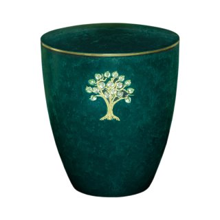 Urne Genesis Gravur Lebensbaum und Swarovskiherzen Grün mit Dekorring Gold 3mm