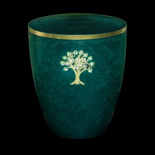 Urne Genesis Gravur Lebensbaum und Swarovskiherzen Grün mit Dekorring Gold 9mm