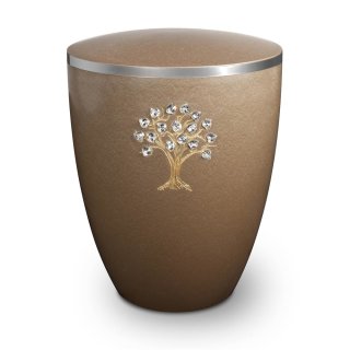Urne Genesis Gravur Lebensbaum mit Strassstein-Herzen Kastanie mit Dekorring Silber 9mm